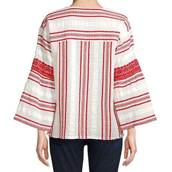 Joie Selba Stripe Bell Sleeve Embroidered Cotton Blouse Cherry Red White XS NWT - Picture 2 of 9